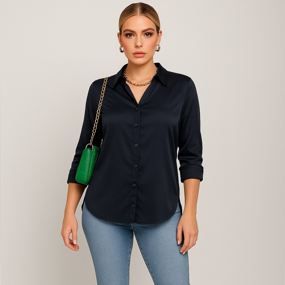 Express Button Down Blouse with Side Slits Satin-Like in Midnight Blue, Medium